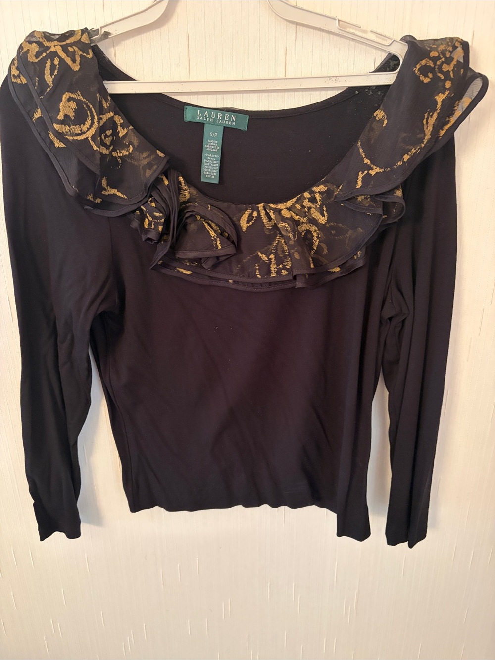 Lauren Ralph Lauren Black Long-Sleeve Top with Gold Ruffle Collar
